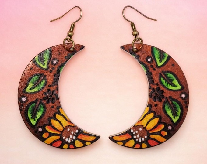 Hand-Painted Leather Crescent Moon and Sunflower Earrings – Boho Floral Dangles