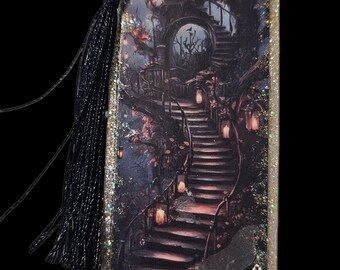 Handmade Acrylic Bookmark with Tassle: Mystical Large Bookmark Stairway to Heaven and Owls