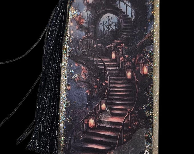 Handmade Mystical Bookmark: One-Of-A-Kind Acrylic Page Marker with Tassel, Stairway to Heaven, Owls