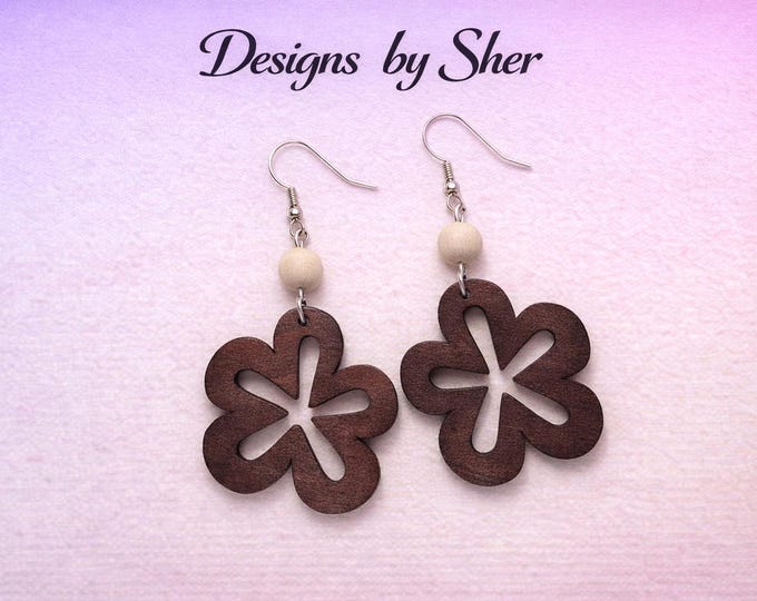 Wood Flower Earrings | Handcrafted Wooden Dangles Designs by Sher