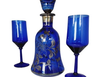 Venetian Cobalt Blue Decanter and Glasses Cobalt Glass Silver Overlay Flowers Bell Decanter and 2 Stemmed Glasses