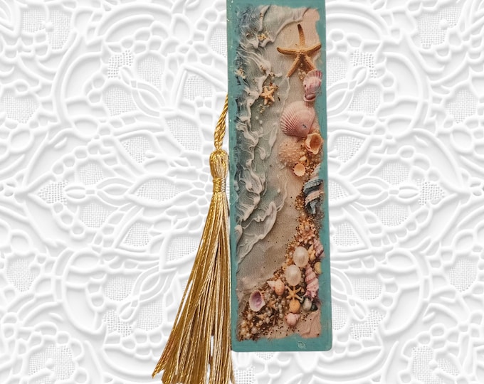 Handmade Ocean Wood Bookmark: Wooden Page Marker with Tassel, Sea, Seashells, Seashore, Shoreline