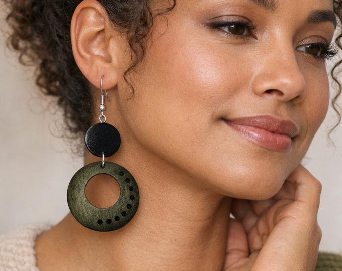 Black & Green Wooden Circle Earrings – Handmade Boho Minimalist Wood Dangles