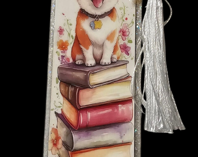 Handmade Dog Bookmark: One-Of-A-Kind Acrylic Page Marker  with Tassel, Corgi, Puppy