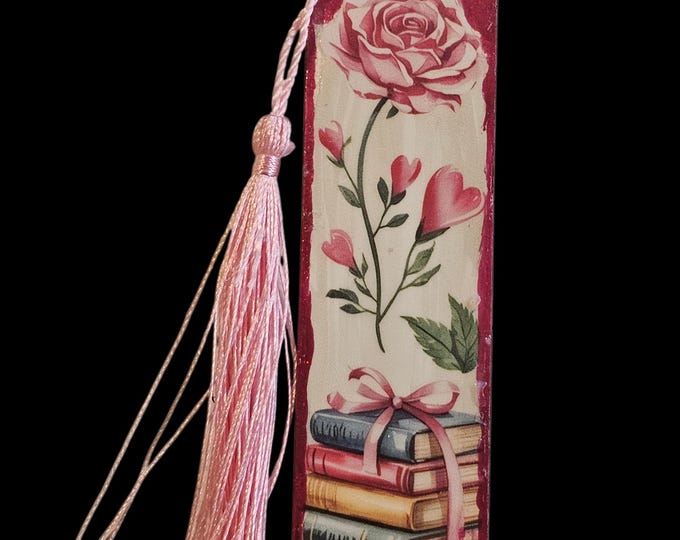 Handmade Roses Wood Bookmark: Books and Flowers Page Marker with Tassel