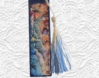 Ocean Handmade Wooden Bookmark with Tassle: Sea Wood Bookmark, Seashells, Seashore