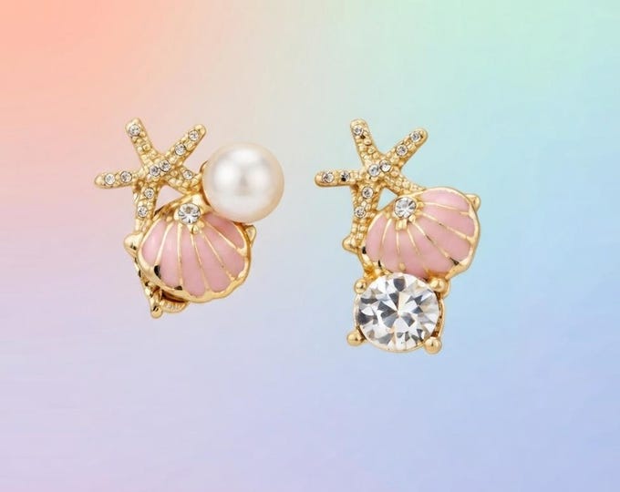 Starfish and Seashell Stud Earrings With Pearl & Crystal Accent | Handcrafted Gold-Toned Charm | Ocean-Inspired Jewelry