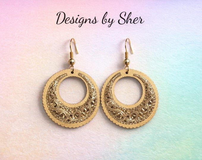 Large Statement Gold Chandelier Earrings | Handmade Ornate Crescent Design | Ornate Bollywood Jewelry