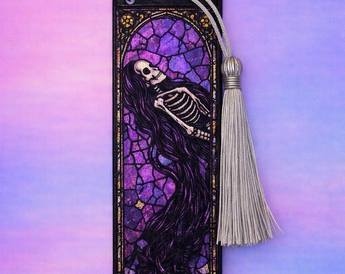 Gothic Wood Bookmark | Skeleton and Bats Wooden Bookmark