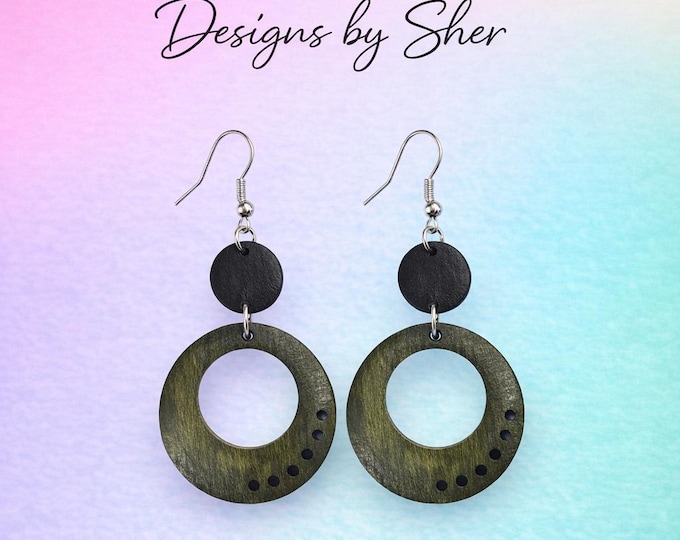 Handmade Green & Black Wooden Earrings – Geometric Dangle Hoops by Designs by Sher