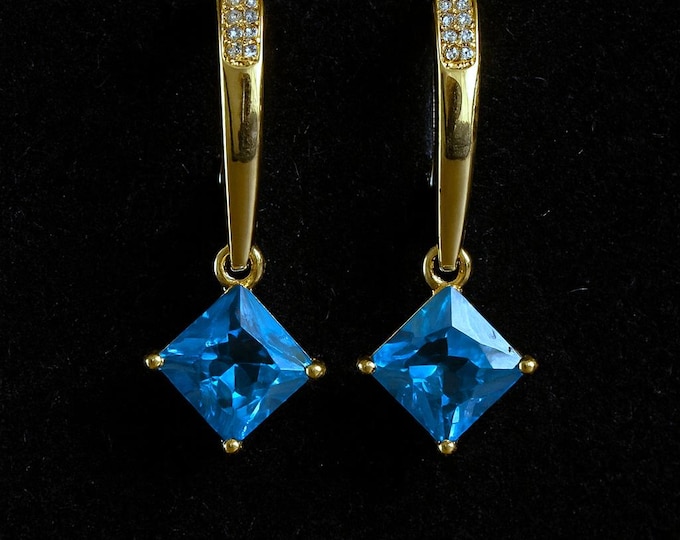 Handmade Blue Topaz Square Cut Dangle Earrings | 18k Gold Hoop with Zircon Accents
