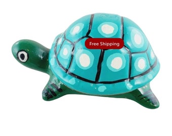 Mexican Folk Art Turtle Trinket Box Ring Box Blue & Green Terracotta Turtle @Everything Vintage FREE SHIPPING