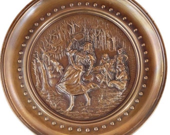 Copper Plate Wall Hanging Dancers and Musicians in the Woods 12" Copper Wall Plate @Everything Vintage FREE SHIPPING