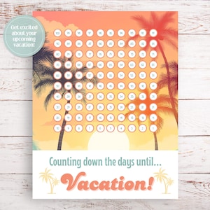 Puede incluir: Un gráfico de cuenta regresiva de vacaciones con un fondo de puesta de sol tropical, palmeras y una cuadrícula de círculos numerados. El texto "Counting down the days until... Vacation!" se muestra en la parte inferior.