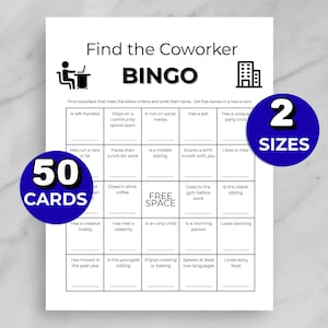Könnte beinhalten: Ein weißes Blatt mit einem "Find the Coworker BINGO" Spiel. Das Spiel enthält ein Raster mit Aufforderungen, Kollegen zu finden. Zwei blaue Kreise zeigen "50 KARTEN" und "2 GRÖSSEN".