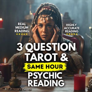 Peut inclure: Image d'une femme avec des dreadlocks et des bijoux, avec du texte superposé. Le texte indique "REAL MEDIUM READING" et "HIGHLY ACCURATE READING" avec des évaluations par étoiles. En dessous, le texte dit "3 QUESTION TAROT & SAME HOUR PSYCHIC READING".