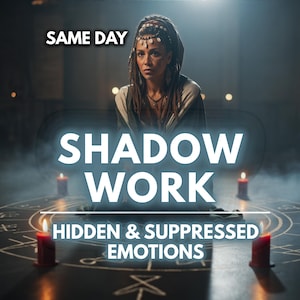 May include: An image with the text "SAME DAY" at the top, and the words "SHADOW WORK" in large, glowing letters. Below, the text reads "HIDDEN & SUPPRESSED EMOTIONS." A person is in the background, and candles surround a table with symbols.