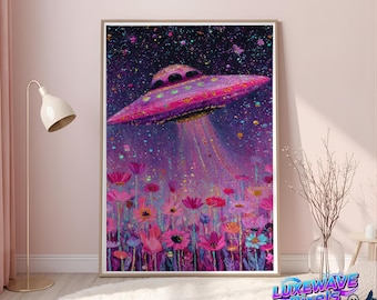 Trippy UFO Flower Field Art Print: Psychedelic Sky Decor (Digital Download)