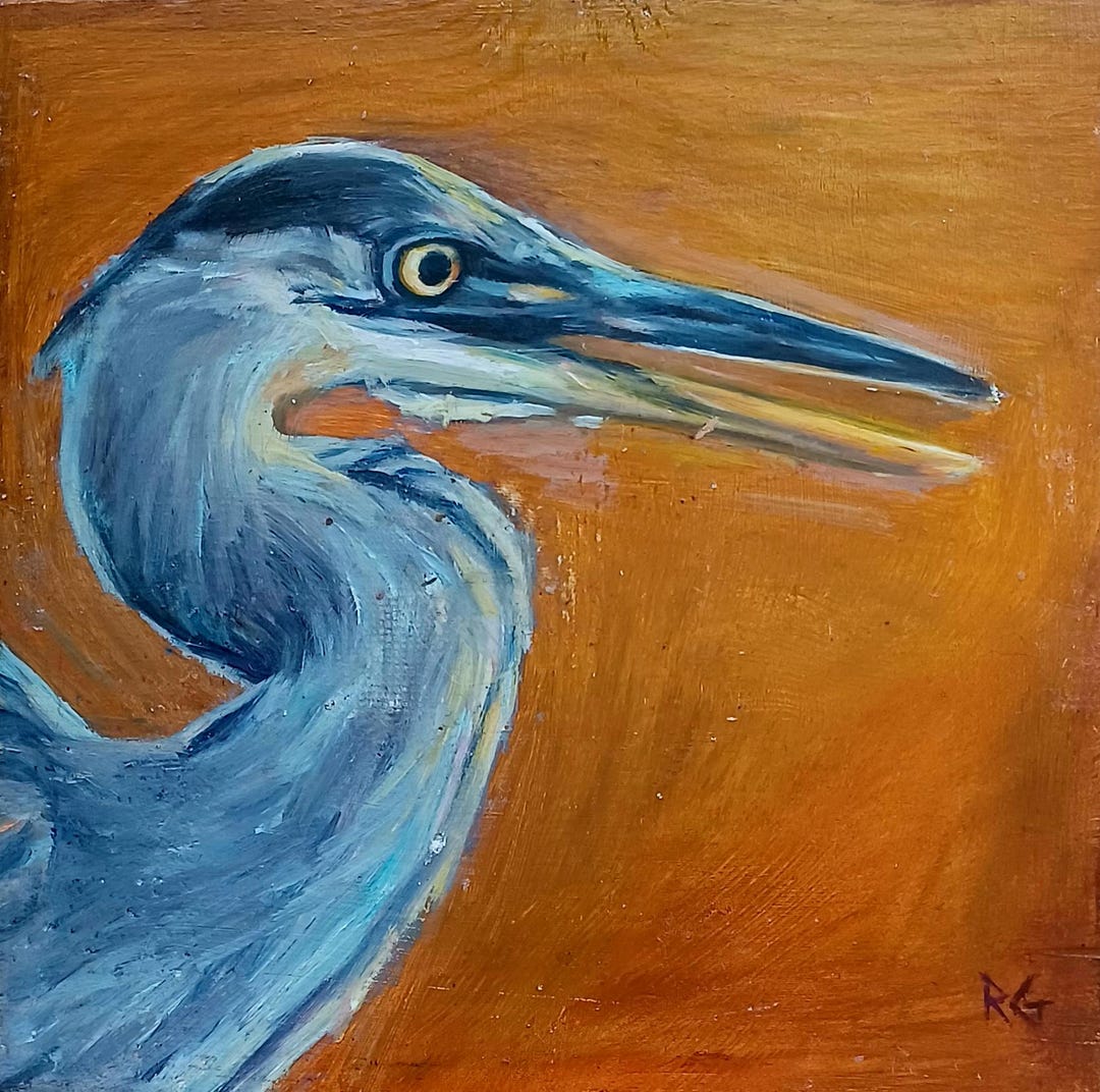 Original Oil Painting Hand Painted Blue Heron Beveled Wood Plaque