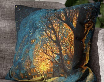 May include: Square throw pillow with a fantasy landscape design. The pillow features a nighttime scene with a large tree, illuminated buildings, and a starry sky. The color palette includes blues, oranges, and yellows.