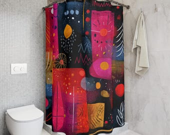 Bunter abstrakter Duschvorhang, modernes Badezimmerdekor, künstlerisches Wohnaccessoire, einzigartige Geschenkidee, Trending Design, lebendiger Duschvorhang