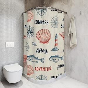 Nautical Seashell Compass Pattern Shower Curtain | Lighthouse, Fish, Anchor