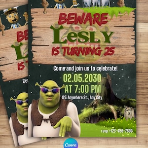 May include: A digital download birthday party invitation featuring Shrek wearing sunglasses. The invitation includes the text "BEWARE LESLY IS TURNING 25" and event details. The Canva logo and "DIGITAL DOWNLOAD" are also visible.