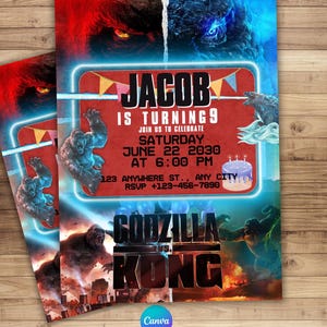 May include: A digital invitation for a party, themed around Godzilla vs. Kong. The invitation includes the name "Jacob" and party details. The design incorporates images of Godzilla and King Kong, with a red and blue colour scheme.
