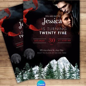 May include: Black and red invitation with the text "Jessica is turning twenty five". The design includes a couple, a watercolor mountain scene, and the Canva logo. The invitation is a digital download.