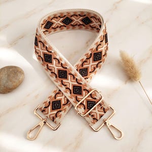 Brown Aztec Bag Strap, Crossbody Strap, Purse Strap, Wide Adjustable Woven Guitar Camera Strap, Boho Tan Geometric Tribal