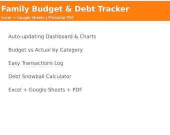 May include: An orange banner at the top of the image reads "Family Budget & Debt Tracker." The image lists features including auto-updating dashboards, budget comparisons, and a debt snowball calculator. The product is available in Excel, Google Sheets, and PDF formats.