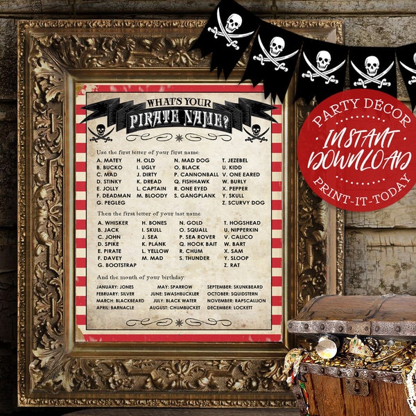 Pirate Name Poster - INSTANT DOWNLOAD -'What's your Pirate Name?' Printable Party Sign / Boys Birthday / Party Decor / Sassaby Parties