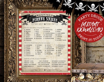 Pirate Name Poster - INSTANT DOWNLOAD -'What's your Pirate Name?' Printable Party Sign / Boys Birthday / Party Decor / Sassaby Parties