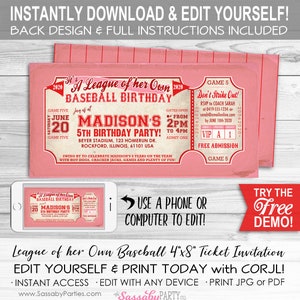 Baseball 'A League of Her Own' BIRTHDAY Invitation - INSTANT DOWNLOAD - Rockford Peaches Inspired, Editable & Printable, Girls Party,