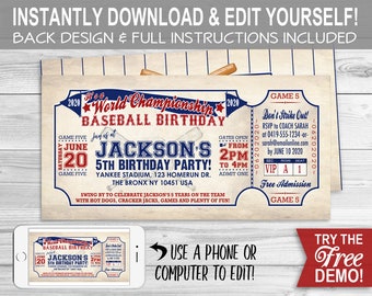 Vintage Baseball BIRTHDAY Invitation - INSTANT DOWNLOAD - Editable & Printable, Birthday, Ticket, Party Invite, Boys, Rookie, Championship