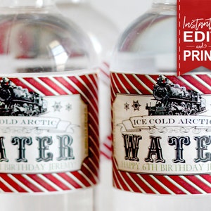 Polar Express Water Bottle Labels, Red, Edit Yourself, Printable, All Aboard, Ice Cold Arctic Water, Birthday Decor, Christmas Party decorations, Editable, Print at Home, Instant Download