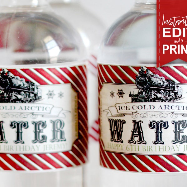Polar Express Water Bottle Labels Red - INSTANT DOWNLOAD - Edit & Print Christmas Birthday Decorations, Decor, Drinks, Train, Red, Printable