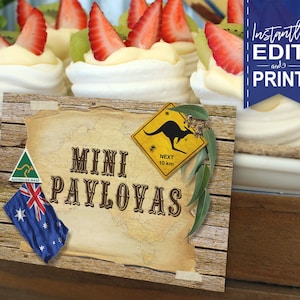 Australia Party Labels - INSTANT DOWNLOAD - Editable & Printable Decorations, Food Tags, Kangaroo, Outback, Aussie, Edit Print, Summer