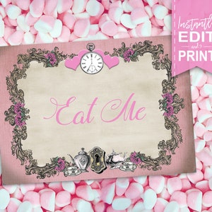 Alice in Wonderland Party Labels, Food Tent Cards, Pastel Pink Hearts, Roses, Eat Me Tags, Birthday Decorations, Decor, Bday, Bridal Shower, Edit Text, Editable, Printable, Print Yourself, Instant Download,