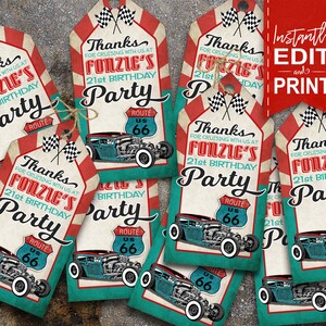 May include: Vintage-style party favor tags with a Route 66 theme. Each tag features a teal hot rod car, the text "Fonzie's 21st Birthday Party", and a Route 66 sign. The tags are accented with red and white stripes and checkered flags.