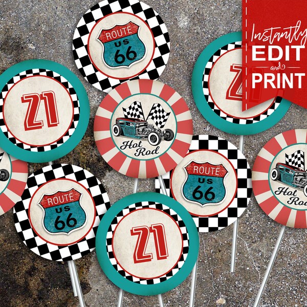 50s Garage Party Circles, Favor Tags, Cupcake Toppers - INSTANT DOWNLOAD - partially Editable & Printable Birthday Hot Rod, Food Decor