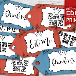 Alice in Wonderland Party Tags, Eat Me, Drink Me, Tea Party Decor, Decorations, Edit Text, Editable, Printable, Print Yourself, Instant Download, Digital Files, Baby Shower, Birthday, Red, Blue, Any Occasion