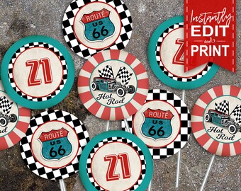 50s Garage Party Circles, Favor Tags, Cupcake Toppers - INSTANT DOWNLOAD - partially Editable & Printable Birthday Hot Rod, Food Decor