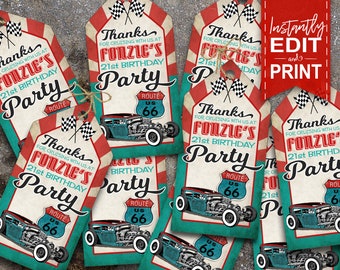 50s Garage Hot Rod Party Thank you Tags - INSTANT DOWNLOAD - DIY Editable & Printable Birthday Decorations, Decor, Gift Thankyou, Labels