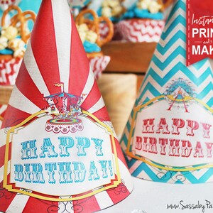 Carnival Party Hats - INSTANT DOWNLOAD - Printable Birthday Party Decorations, Decor, Template, Carousel, Ferris Wheel, Circus, Sideshow