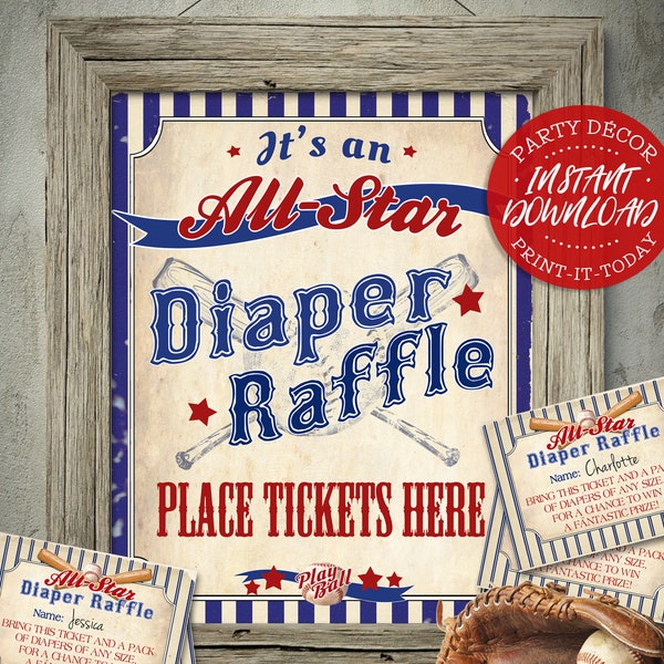 Vintage Baseball Diaper Raffle - INSTANT DOWNLOAD - Printable, Ballgame, All-Star, Baby Shower Digital Poster, Sign, Tickets, Nappies,