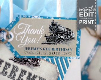 Polar Express Party Thank You Tags - INSTANT DOWNLOAD - Edit & Print, Christmas Party Decorations, Favor, Gift, Decor, Train, Thankyou