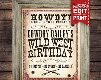 Wild West Cowboy Party Sign - INSTANT DOWNLOAD - Partially Editable & Printable Birthday, Western Decorations, Decor, Poster, Welcome, Howdy