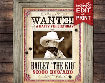 Cowboy WANTED Photo Poster - INSTANT DOWNLOAD - Partially Editable & Printable Birthday, Western Decorations, Decor, Poster, Reward, Picture