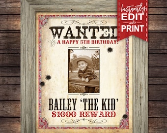 Cowboy WANTED Photo Poster - INSTANT DOWNLOAD - Partially Editable & Printable Birthday, Western Decorations, Decor, Poster, Reward, Picture